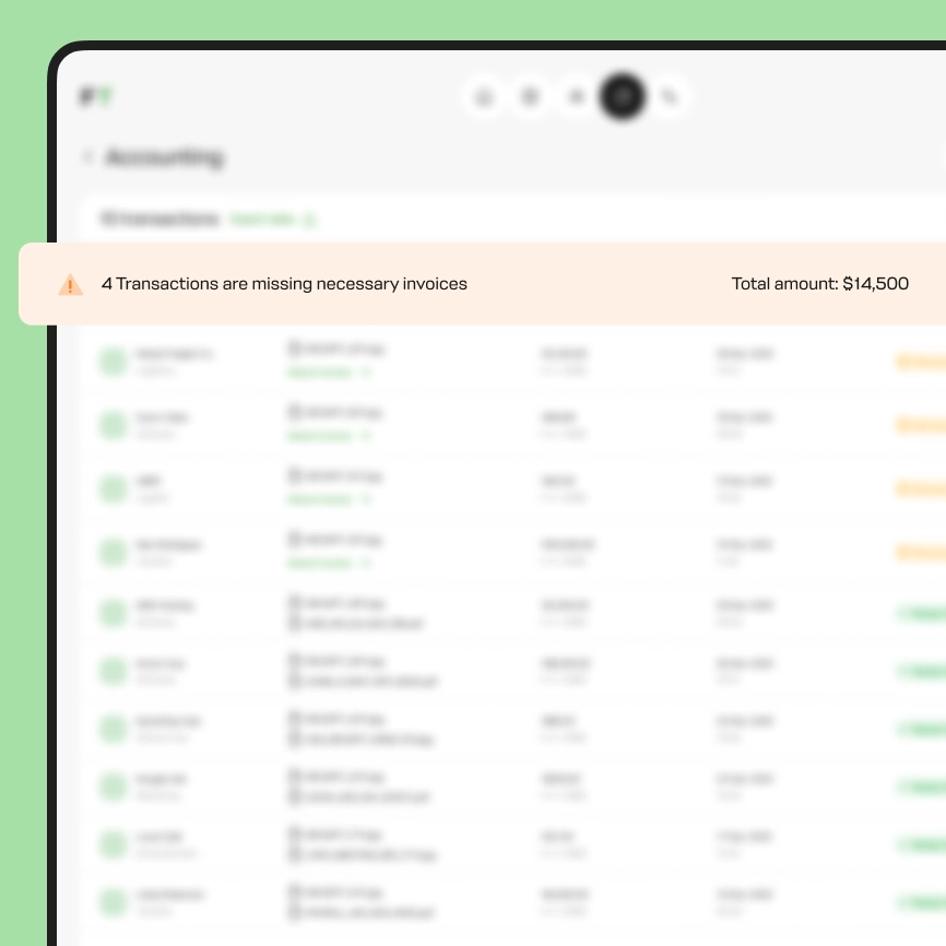 Спроектировал реестр операций с прикрепленными документами и статусами. Добавил сортировку по статусу, чтобы транзакции без инвойсов были в самом верху, и предупреждение о количестве потерянных документов. Бухгалтер может быстро найти операции без документов и исправить это.